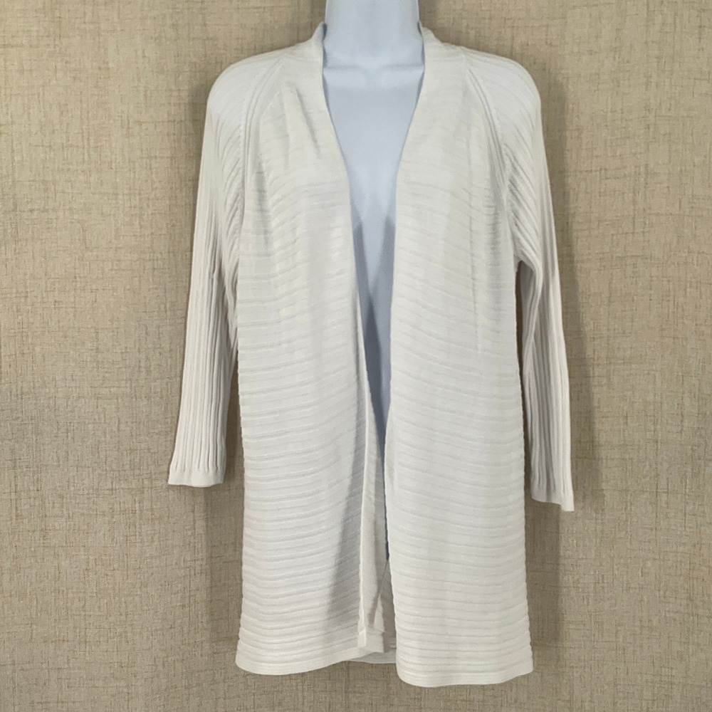 Talbots Womens White Ribbed Open Front Cardigan Sweater Sz M Breathable Preppy